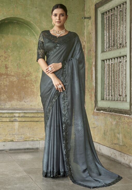 Grey Tie Dye Satin Silk Party Wear Saree