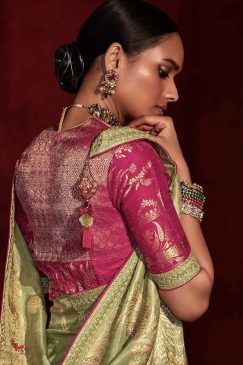 Alternative view of Olive Green Banarasi Silk Embroidered Wedding Saree