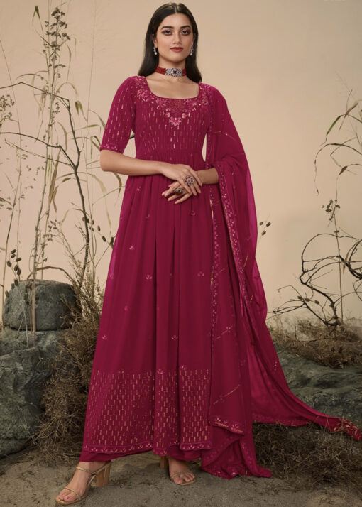 Deep Pink Anarkali Style Embroidered Palazzo Suit