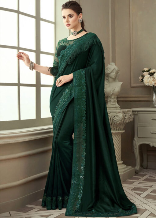 Green Fancy Silk Saree With Fringe Detail