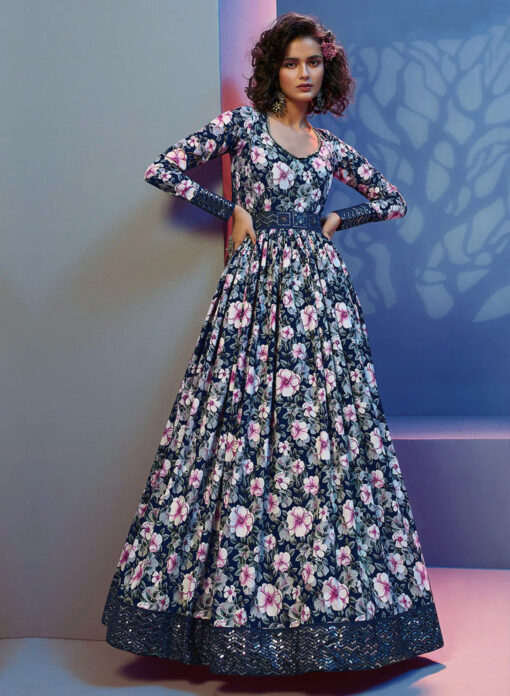 Blue Floral & Sequin Anarkali Gown
