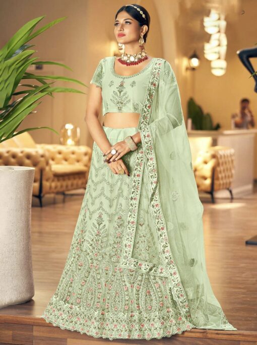 Light Green Embroidered Net Party Wear Lehenga Choli