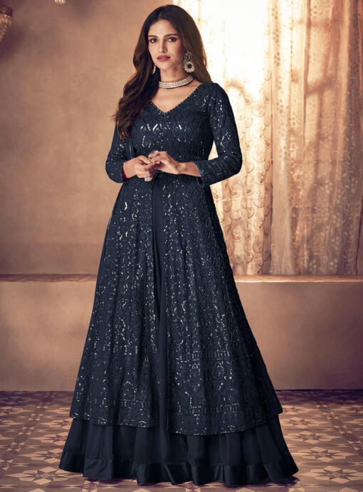 Navy Blue Sequence Embroidered Anarkali Lehenga