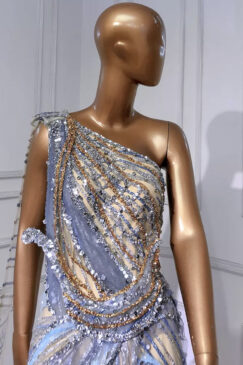 Alternative view of High Split Shoulder Drape Beaded Evening Dress