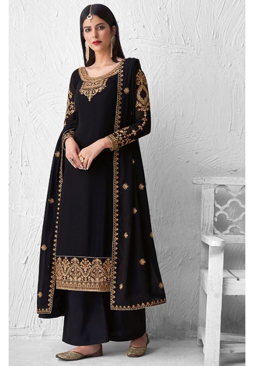 Black Georgette Embroidered Palazzo Suit - Salwar Kameez, top 20 salwar ...