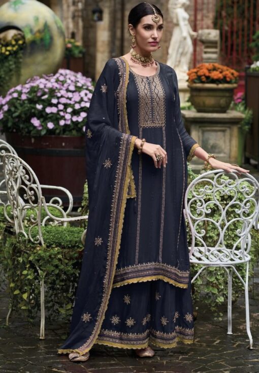 Navy Blue Chinon Embroidered Palazzo Salwar Suit