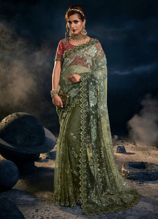 Mehendi Digital Net Bridal Saree