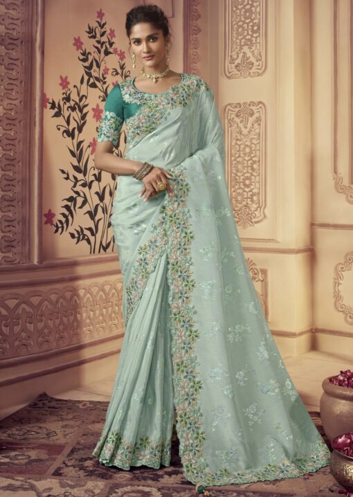 Blue Fancy Silk Wedding Party Wear Saree
