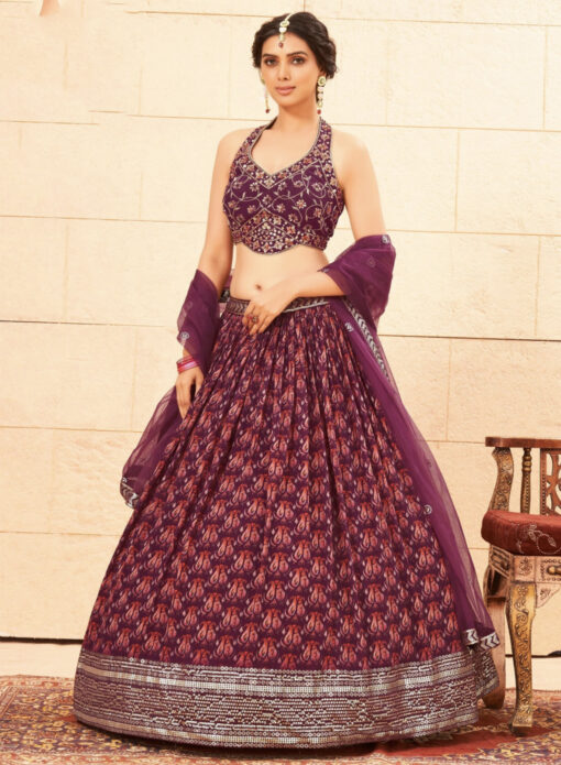 Dark Wine Faux Georgette Heavy Designer Lehenga Choli