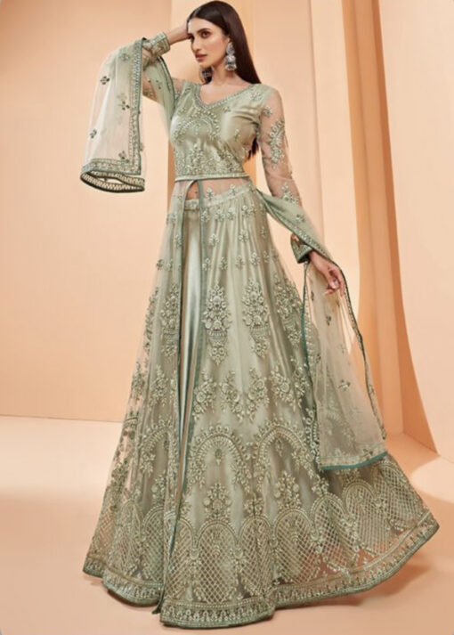 Pista Green Net Embroidered Anarkali Lehenga Suit