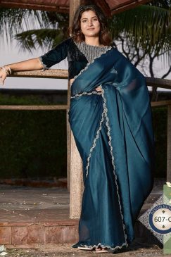 Teal Satin Silk Chiffon Party Wear Saree