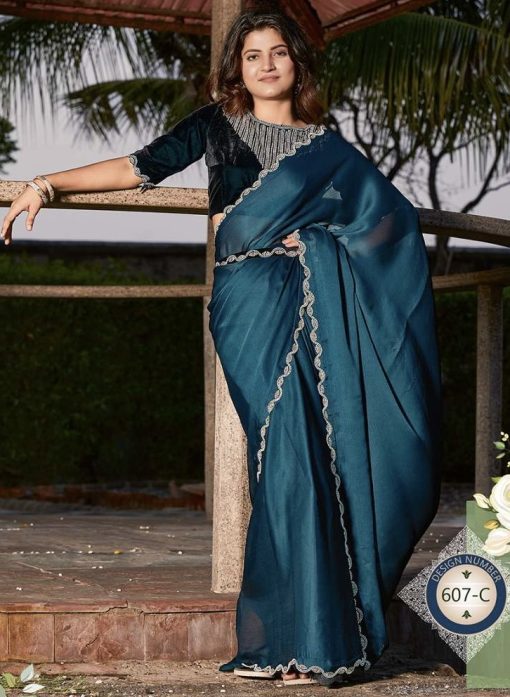 Teal Satin Silk Chiffon Party Wear Saree