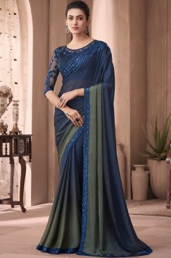 Shaded Blue Embroidered Border Party Wear Saree