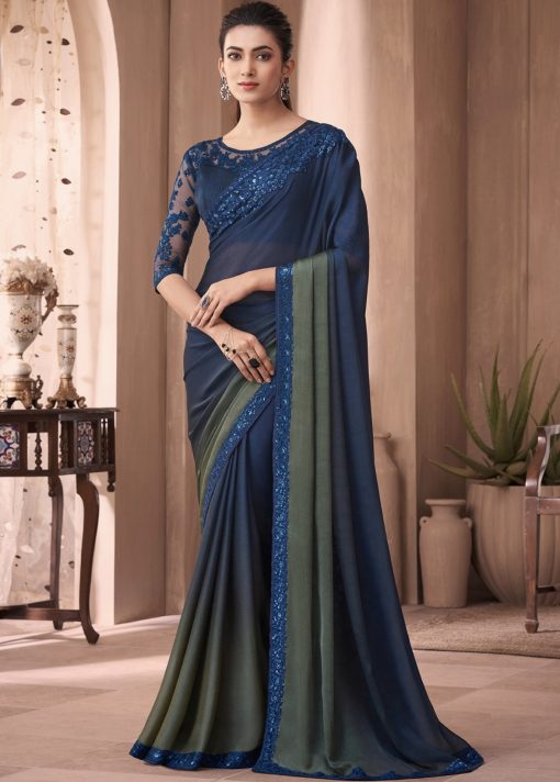 Shaded Blue Embroidered Border Party Wear Saree