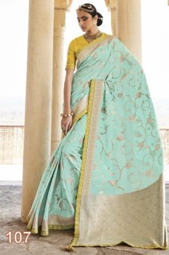 Light Blue Dola Silk Embroidered Wedding Saree