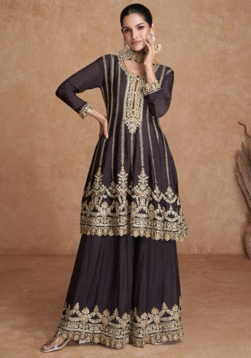 Brown Chinon Embroidered Traditional Sharara Suit