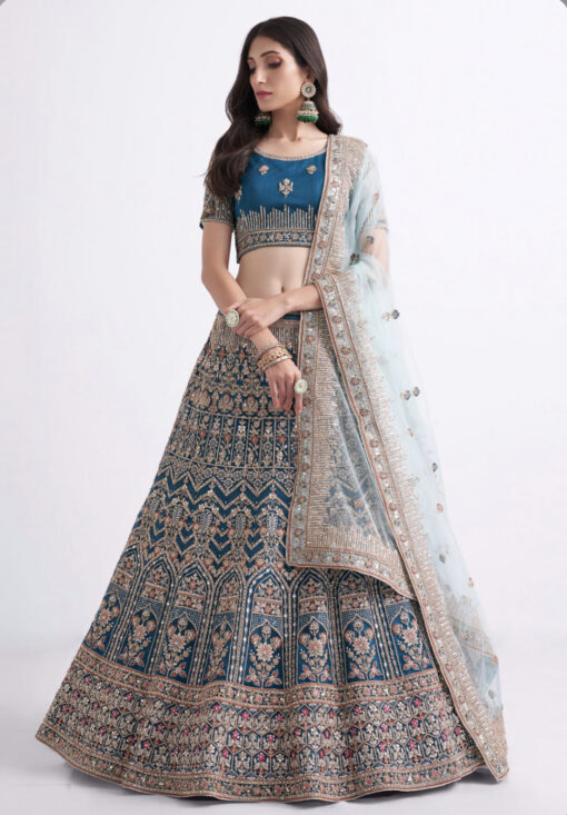 Teal Blue Net Bridal Lehenga Choli