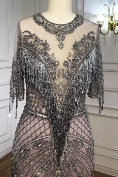 Alternative view of Nude Pink Heavy Beaded tassel Evening Gown