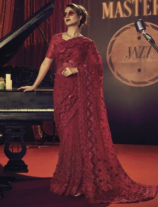 Red Digital Net Bridal Saree