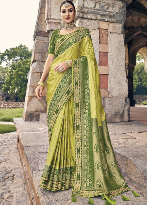 Lime Green Woven Silk Embroidered Wedding Saree