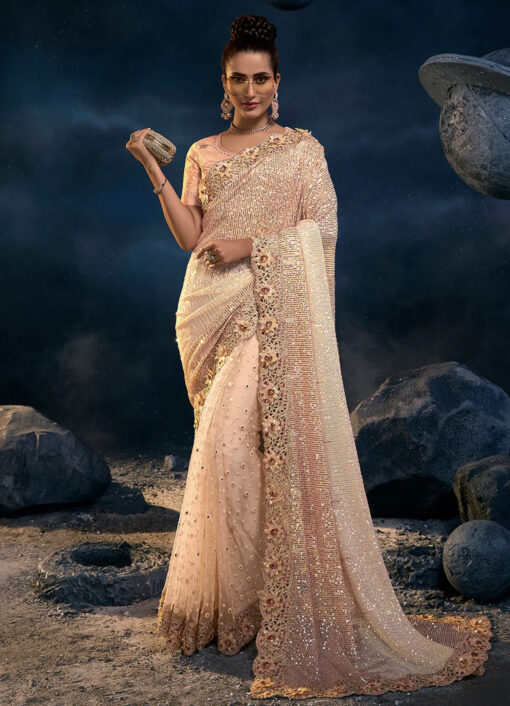 Peach Half N Half Digital Print Bridal Saree