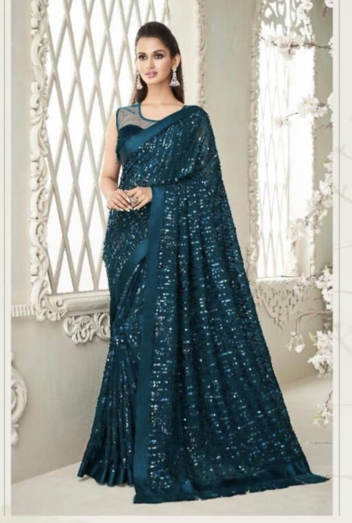 Teal Blue Fancy Saree With Fringe Detail