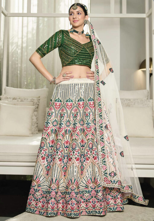 White & Green Silk Sequinned Lehenga Choli