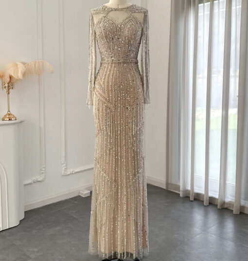 Luxury Modest Silver Embellished Long Sleeve Evening Gown