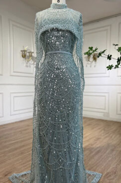High Neck Cape Style Heavily Beaded Evening Dress