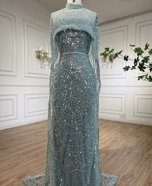High Neck Cape Style Heavily Beaded Evening Dress