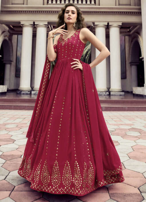 Dark Pink Embroidered Floor Length Anarkali Gown
