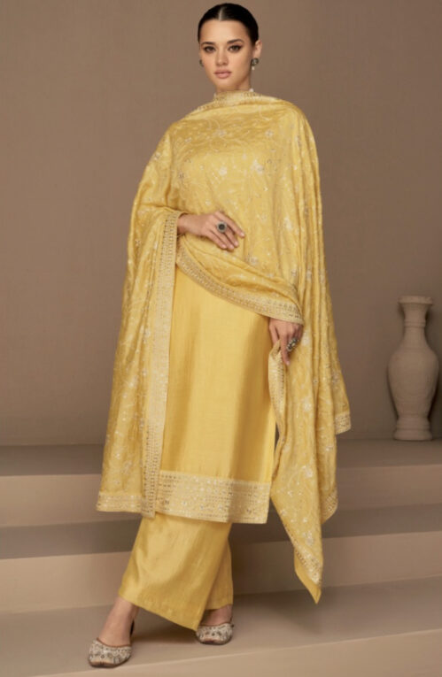 Designer Traditional Wear Viscose Silk Salwar Suit Yellow Viscose Silk Pant Straight main image 1