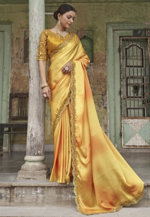 Yellow Tie Dye Satin Silk Party Wear Saree