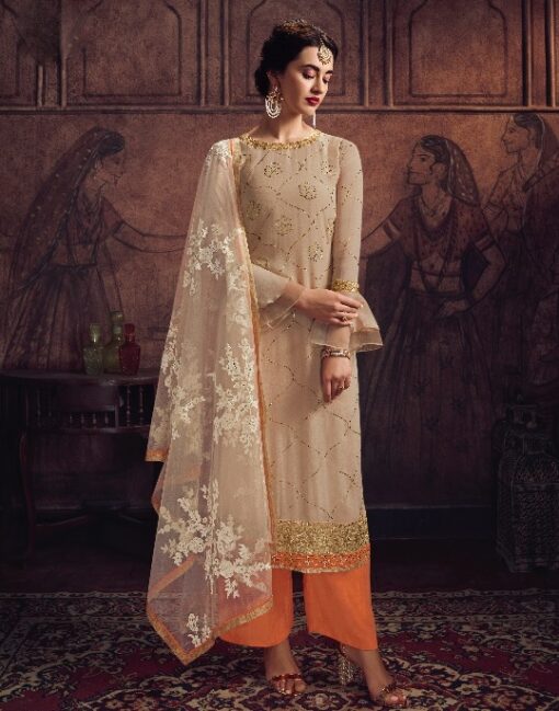 Beige Embroidered Party Wear Pant Suit