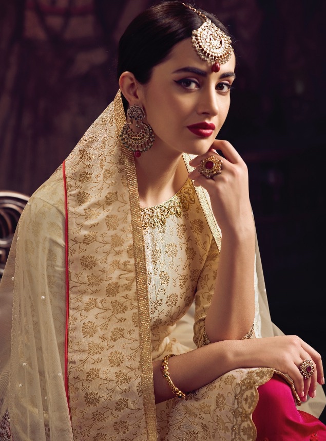 Cream Embroidered Party Wear Pant Suit Salwar Kameez Designer Collection