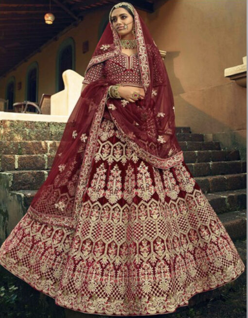 Maroon Velvet Bridal Lehenga Choli