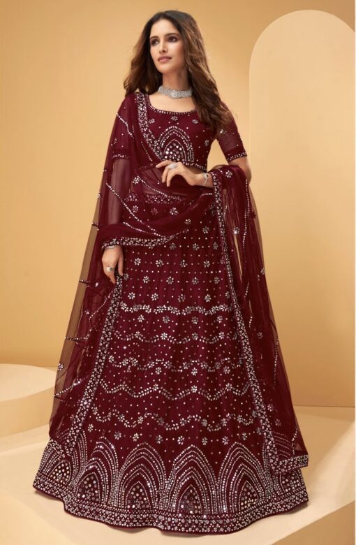 Maroon Embroidered Net Bridal Lehenga Choli