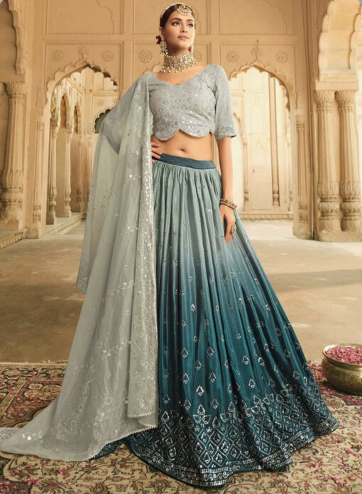Grey To Teal Silk Lehenga Choli