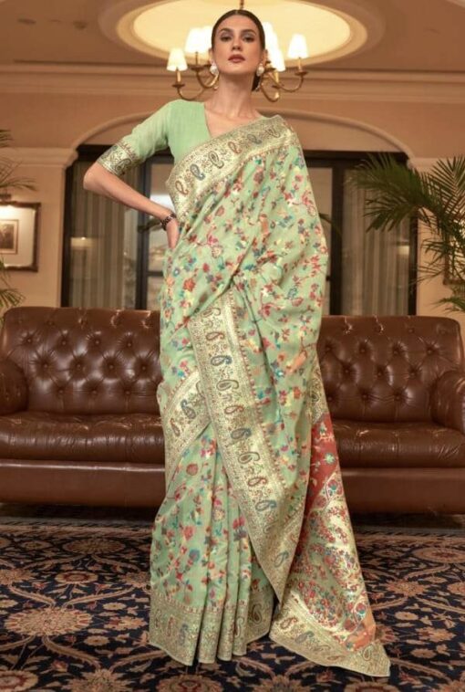 Pale Green Kashmiri Modal Silk Traditional Saree