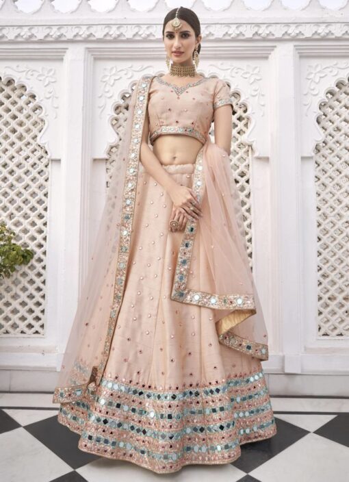 Peach Mirror Maze Silk Lehenga Choli