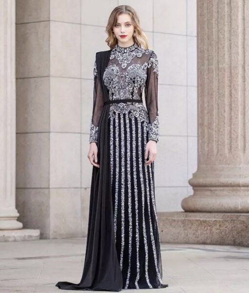 Full Sleeve Draped Beaded Diamond Luxury Mermaid Dress