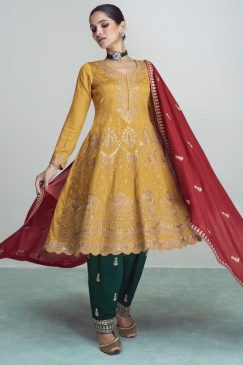 Mustard & Green Frock Style Silk Pant Suit