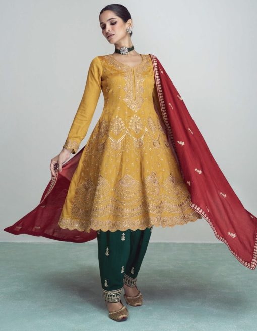 Mustard & Green Frock Style Silk Pant Suit