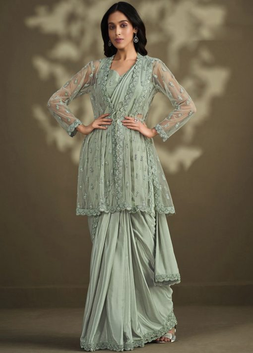 Green Pre Pleated Designer Saree With Jacket