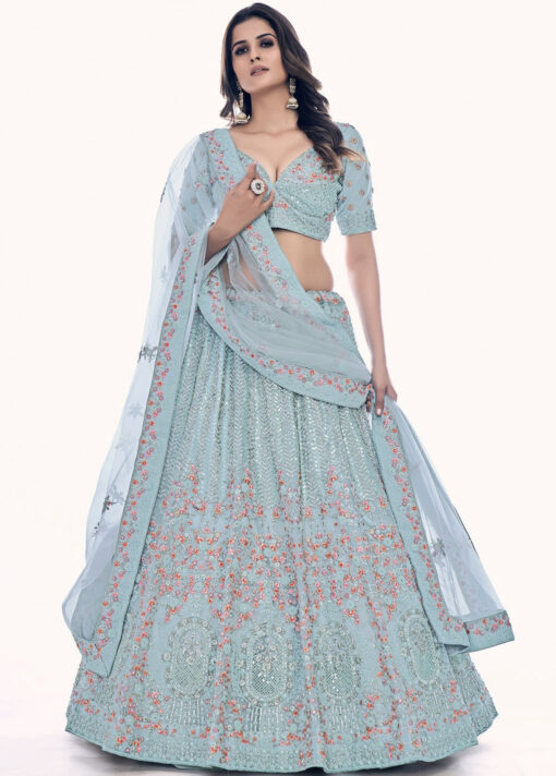 Blue Embroidered Net Bridal Lehenga Choli