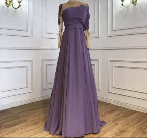 Purple Sheer Back Luxury A-Line Evening Dress