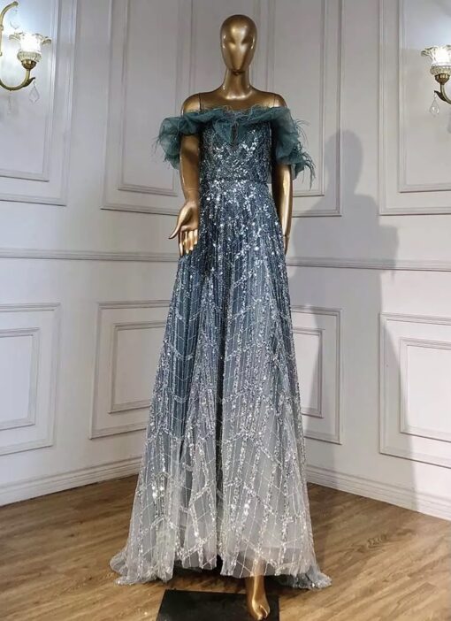 Off The Shoulder Sequinned Evening Dress