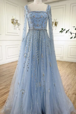 Cape Sleeve Heavily Beaded Evening Dress