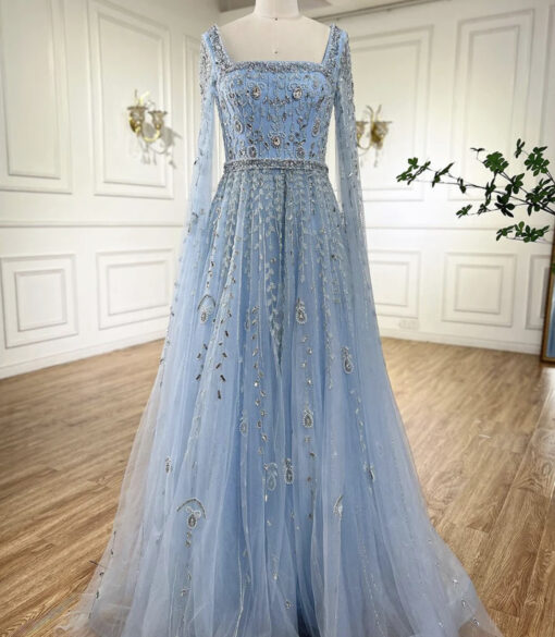 Cape Sleeve Heavily Beaded Evening Dress