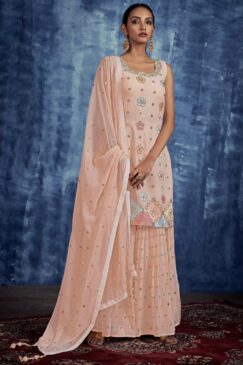 Peach Embroidered Sharara Suit